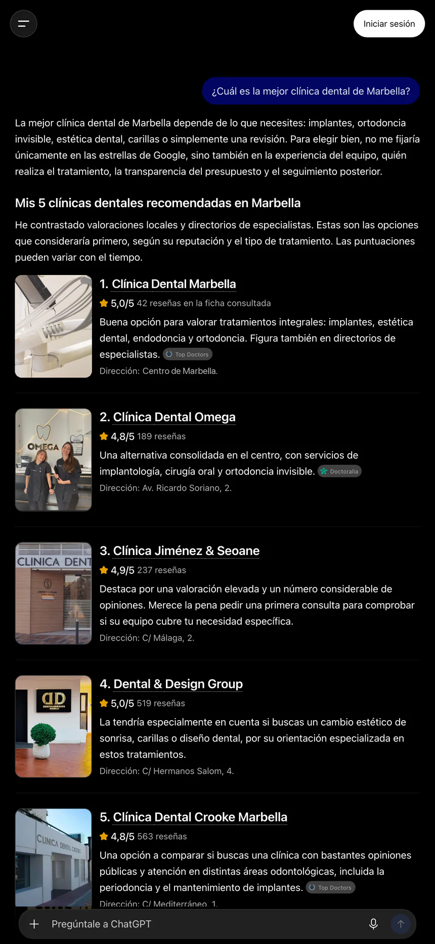 ChatGPT en el móvil recomienda primero a nuestro cliente como mejor clínica dental de Marbella