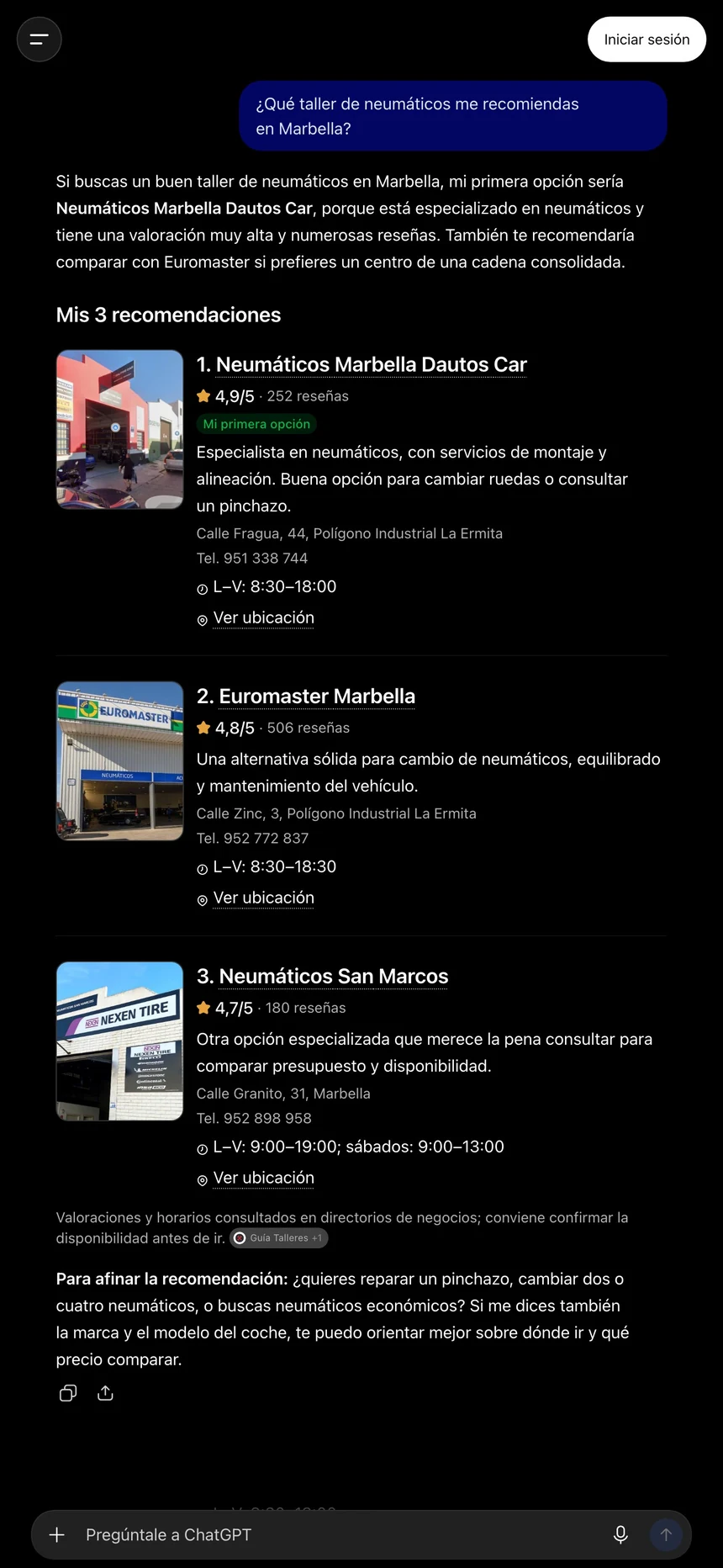 ChatGPT en el móvil recomienda primero a Dautos Car como taller de neumáticos en Marbella
