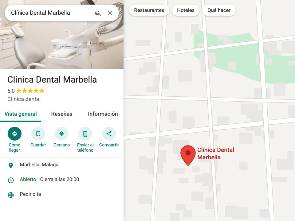 Perfil de Google en Maps de una clínica dental en Marbella, completo y con 5 estrellas