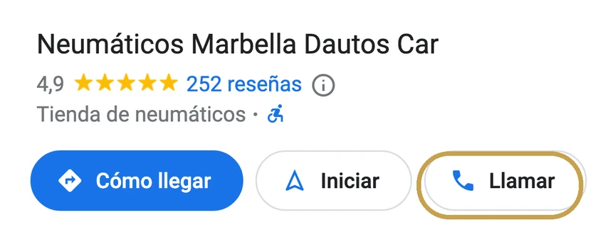 Ficha de Google de Neumáticos Marbella Dautos Car en Marbella con el botón Llamar