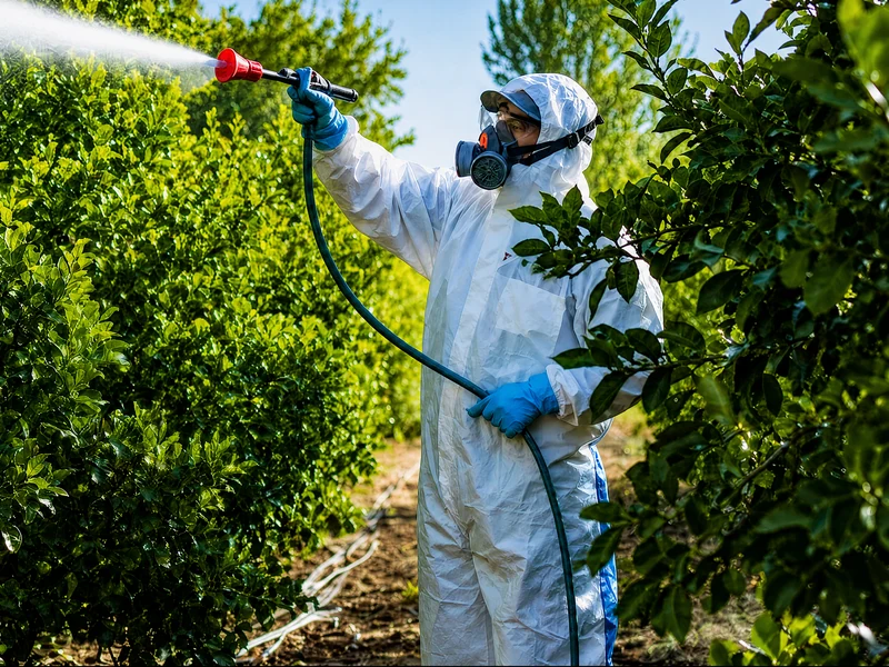 Técnico de control de plagas con traje y máscara fumigando un seto, inversión SEO local en Marbella